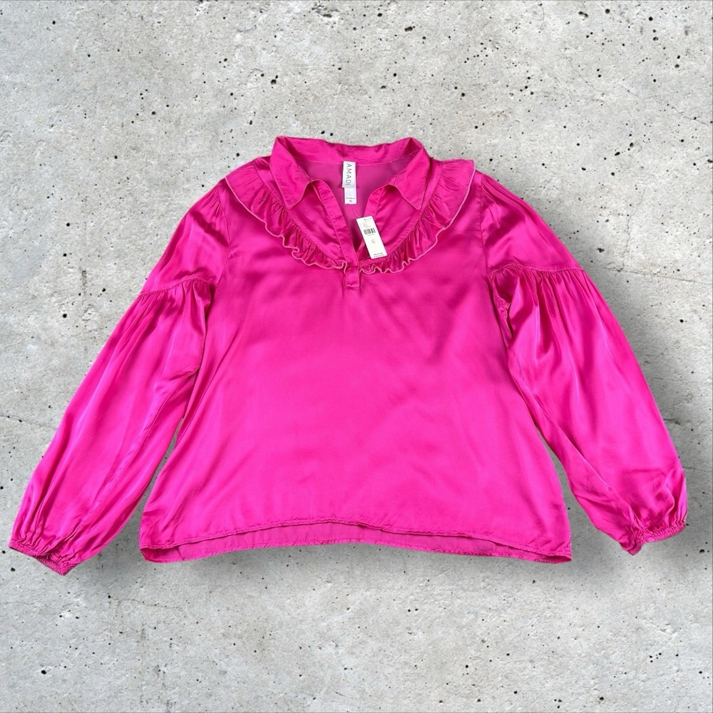 NWT Anthropologie Amadi Women's Hot Pink Lara‎ Ruffled Blouse Satin Size XL